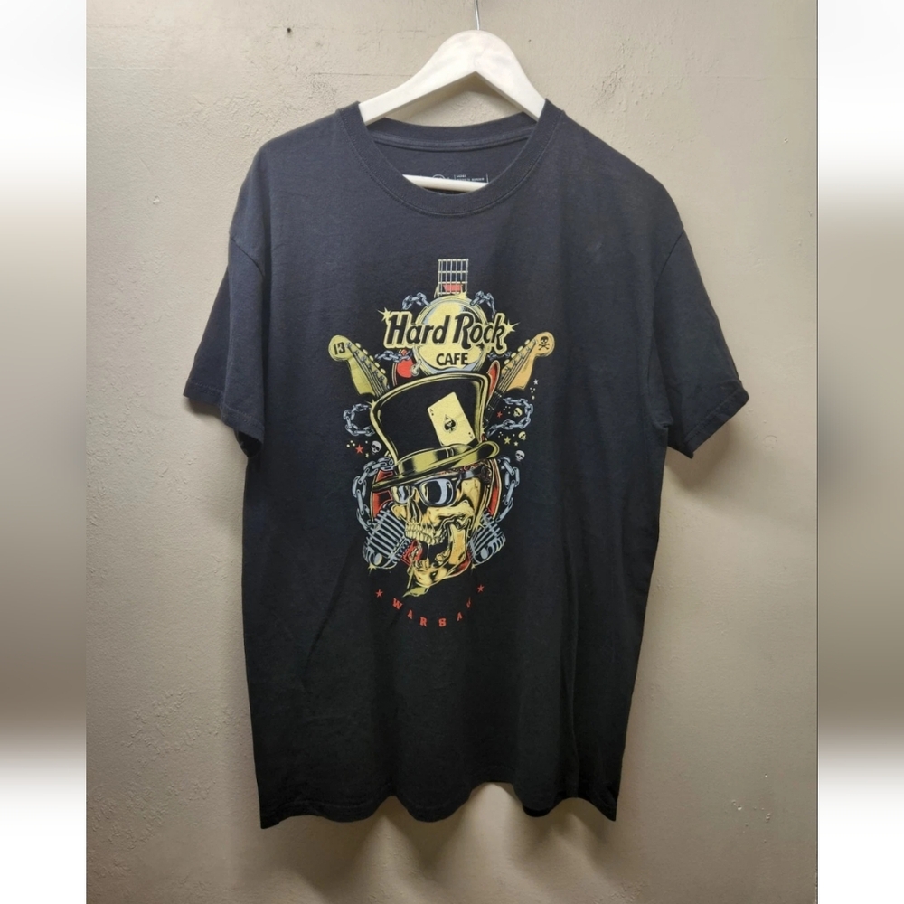 Hard Rock Cafe HRC Warsaw Black Large Shirt Skull Microphone Tophat T-shirt